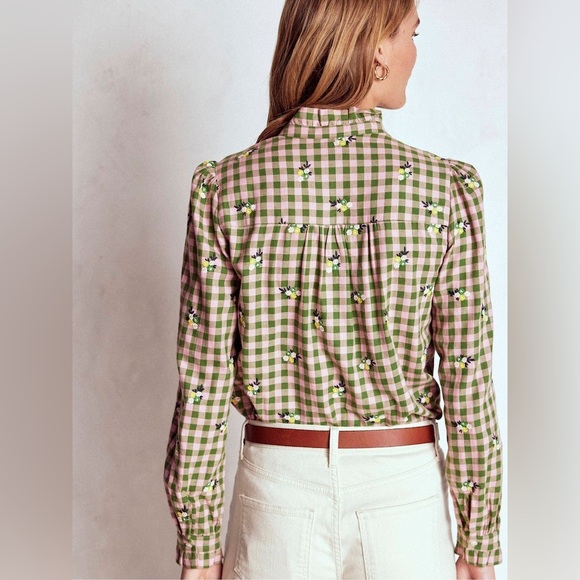 Boden Helena Brushed Cotton Ruffled Gingham and Floral Embroidered Blouse -US 8 - Picture 4 of 11